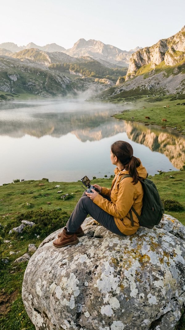 Excursionista de espaldas sentada en una roca frente al lago