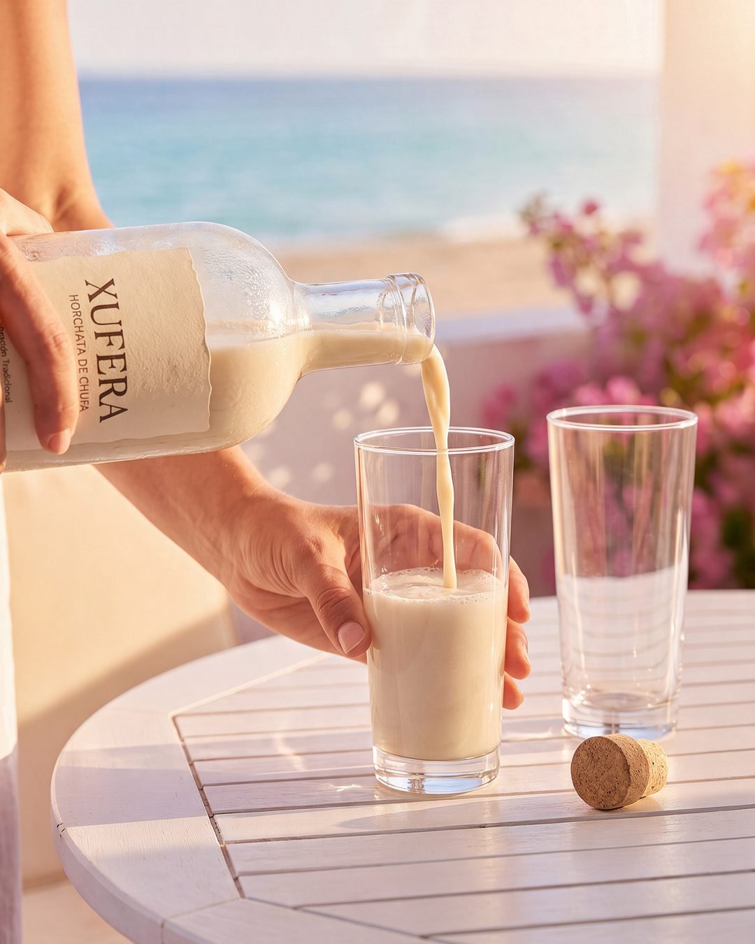 Horchata servida en vaso en una terraza